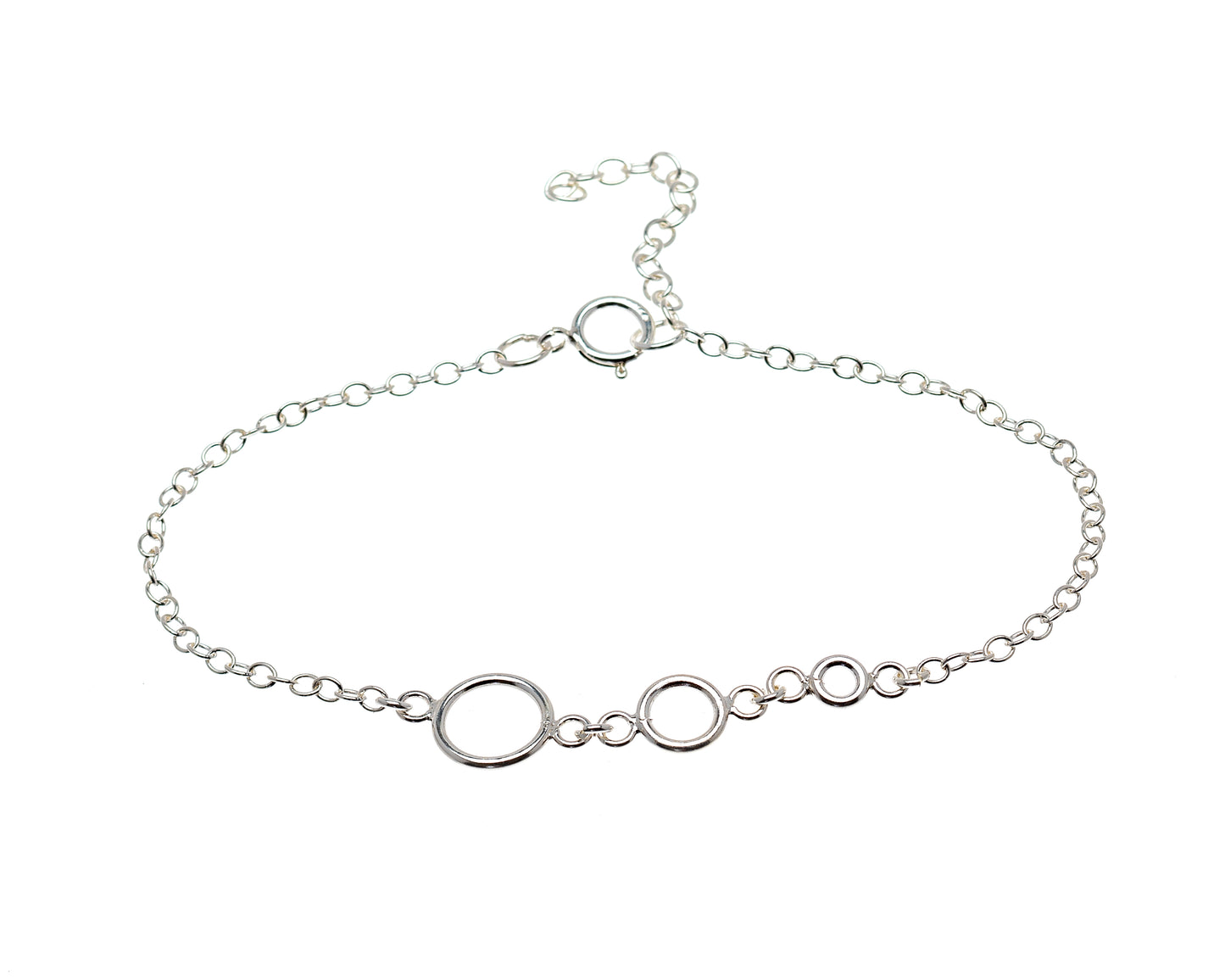A sterling silver bracelet featuring a series of open circles linked together on a chain.