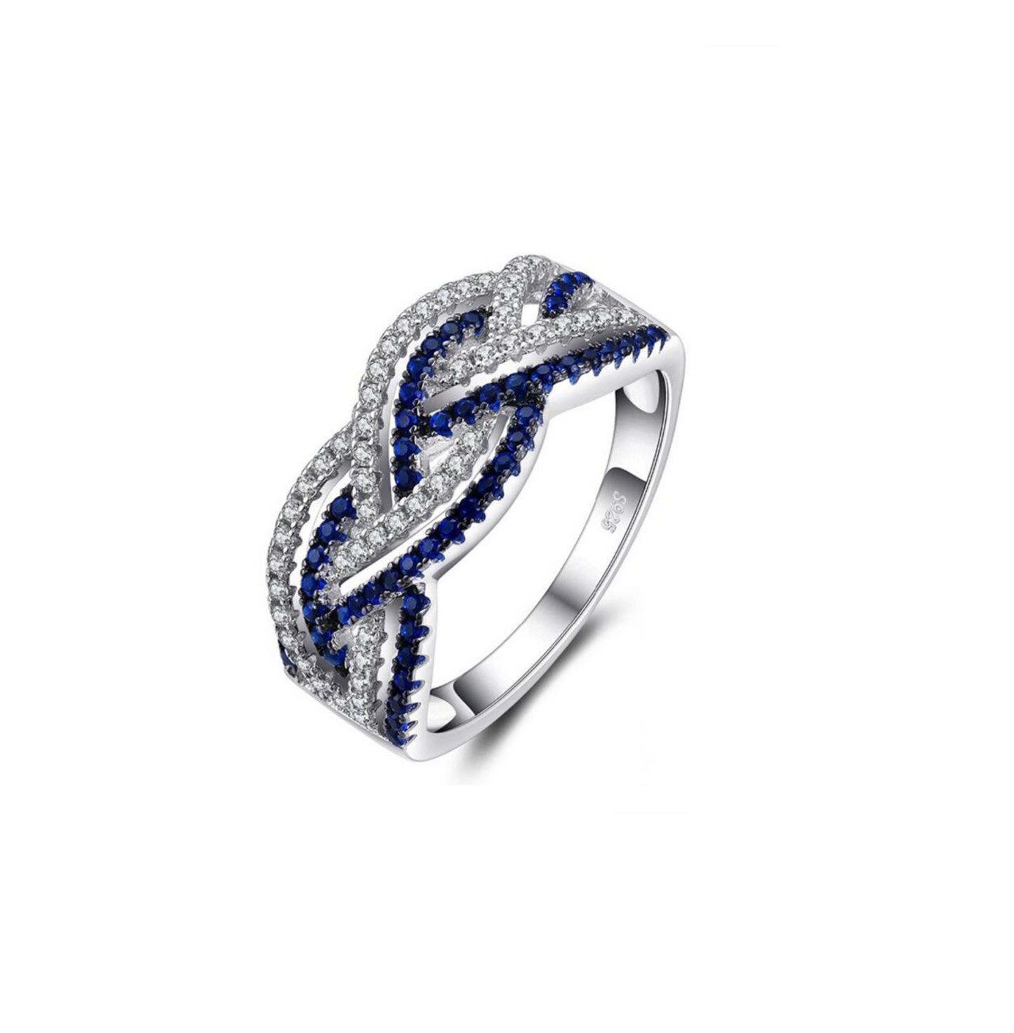 Silver Intertwined Ring with Blue and Clear Crystals – Elegant Statement Jewellery