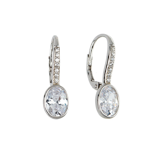 Sterling Silver Cubic Zirconia Oval And Pave Leverback Earrings