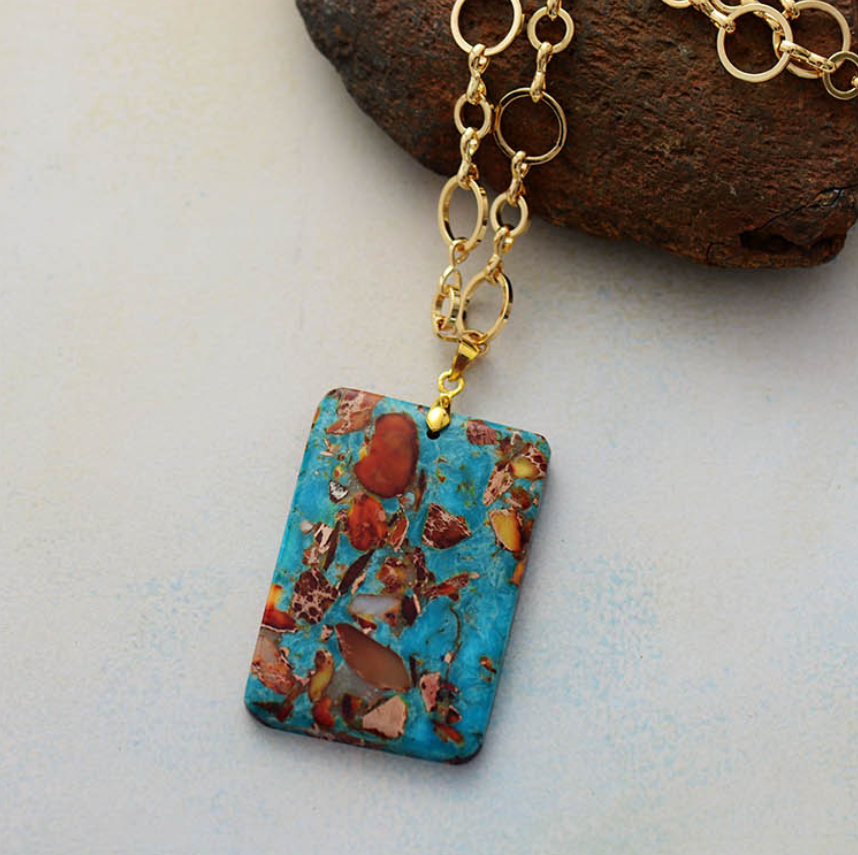 Long Turquoise Red Jasper Rectangular Stone Pendant