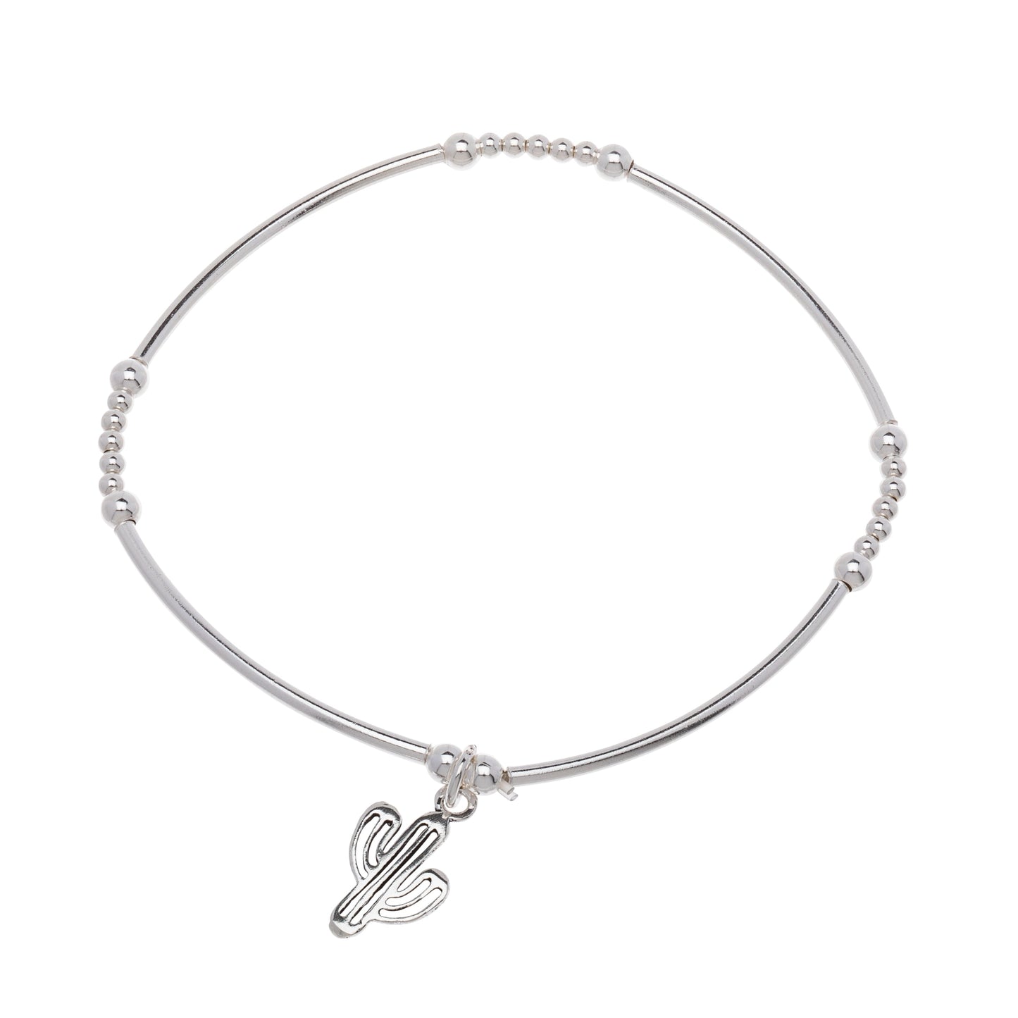 Sterling silver tube-and-bead bracelet with a small dangling cactus charm, slip-on minimalist women’s jewellery.