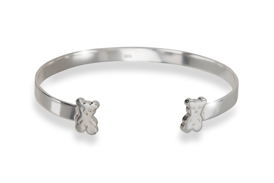 Sterling Silver Teddy Bear Bangle Bracelet – Rhodium-Plated Adjustable Design