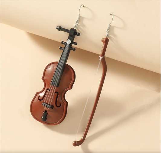Asymmetrical Violin And Bow Drop Earrings