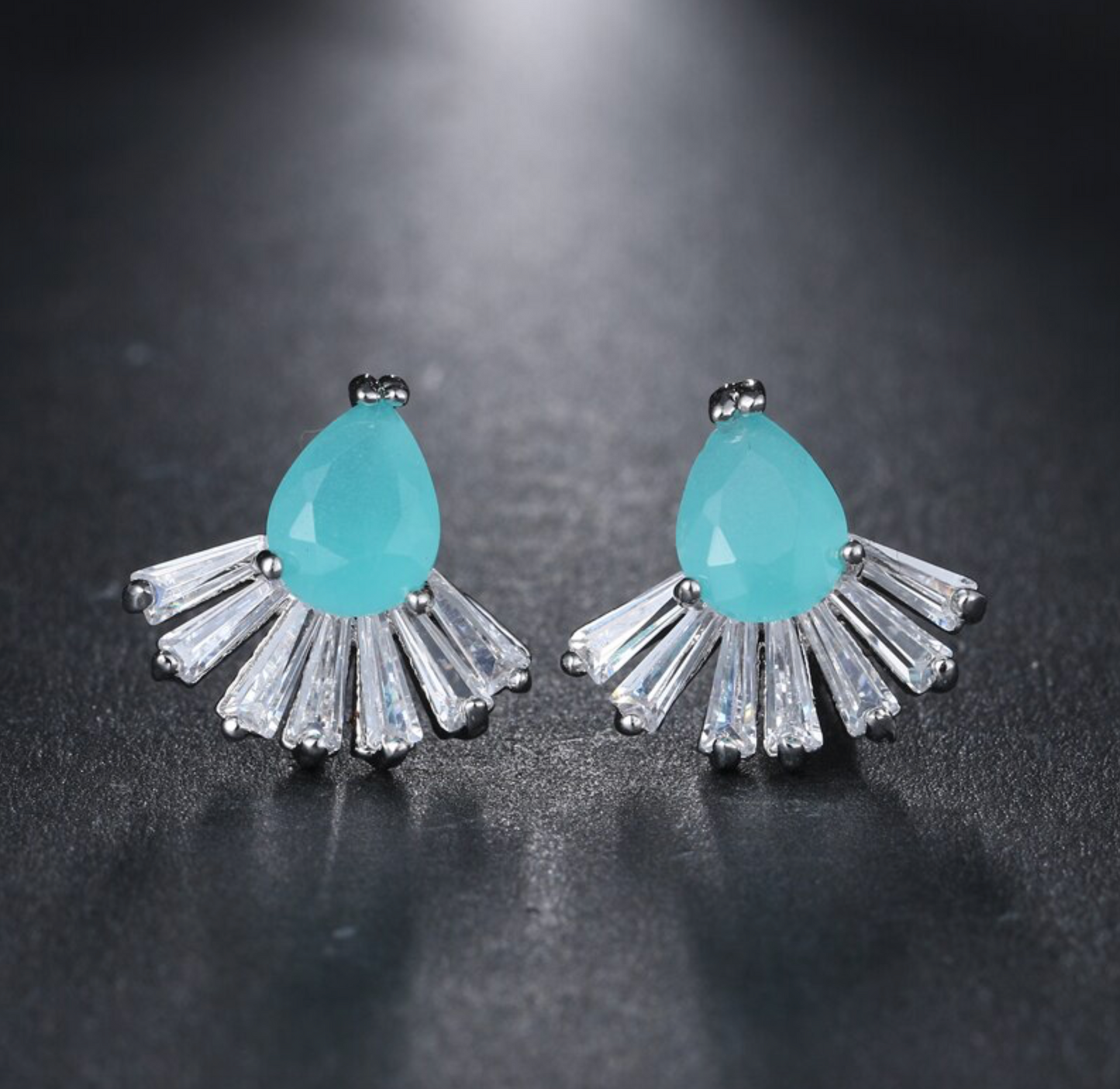Blue Opal and Clear Cubic Zirconia Teardrop Stud Earrings