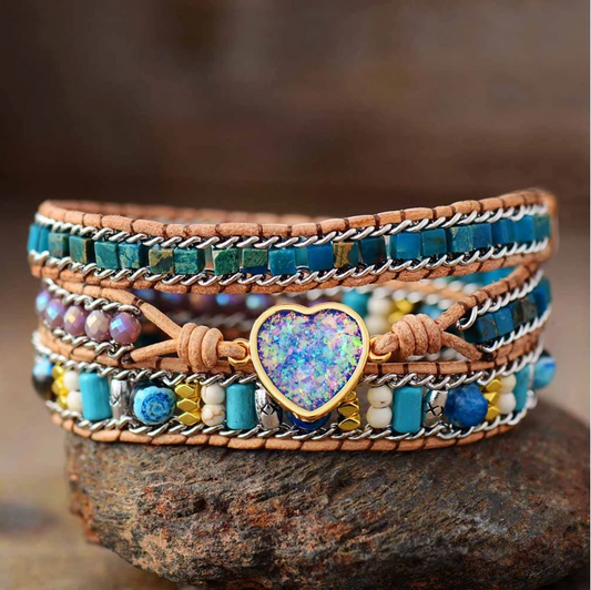 Opal Jasper Heart Agate Stone Beaded Wrap Bracelet