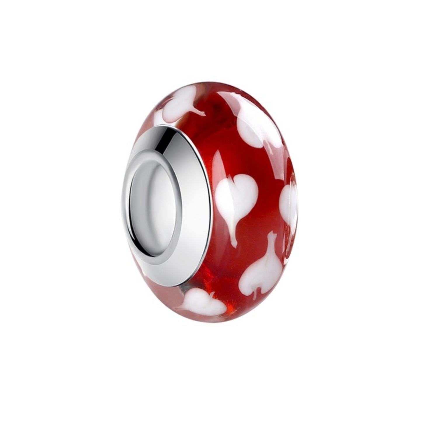 Red glass charm bead with white heart pattern and polished silvertone core, compatible with Pandora-style bracelets.