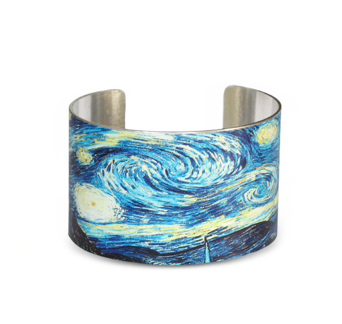 Wide cuff bracelet with a blue Starry Night-style swirling sky print
