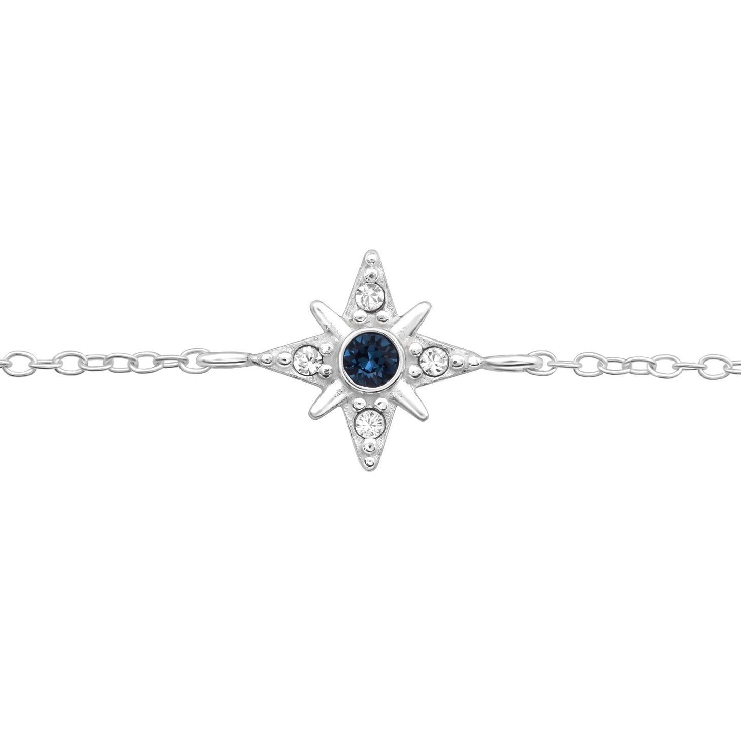 Sterling silver North Star bracelet with blue centre crystal and clear accents on a fine adjustable chain, minimalist celestial jewellery.