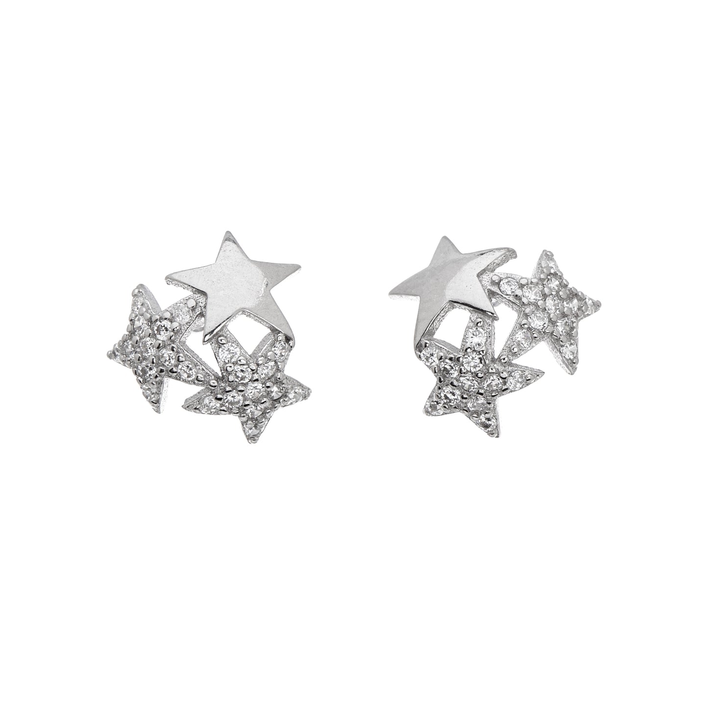 Sterling Silver Cubic Zirconia Clustered Star Stud Earrings