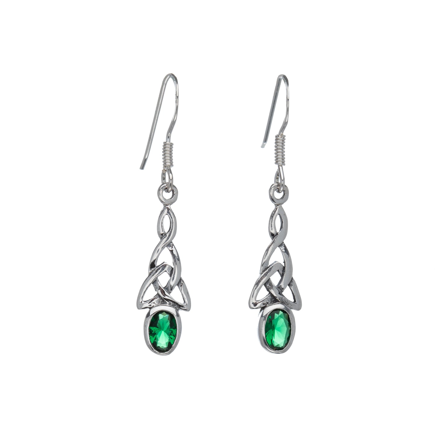 Sterling Silver Emerald Cubic Zirconia Celtic Drop Earrings