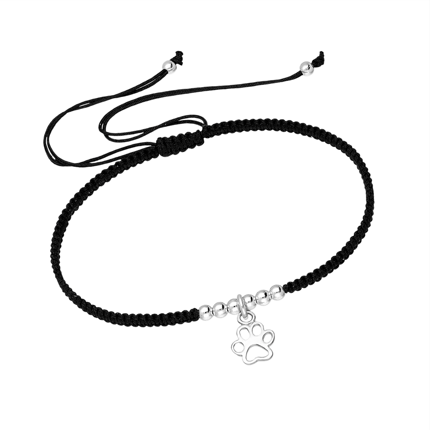 Black adjustable bracelet with a sterling silver paw print charm and an adjustable cord.