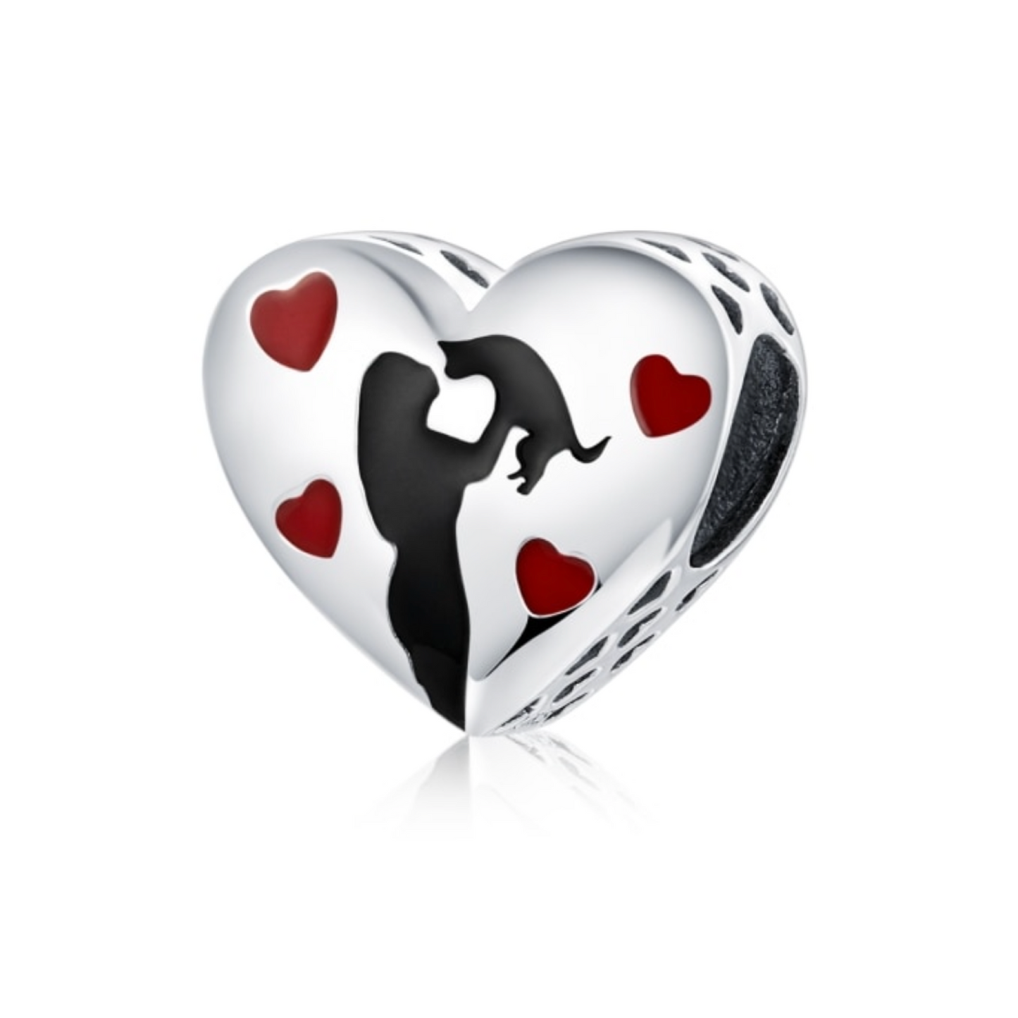 Sterling silver heart charm with woman and cat silhouette and red enamel hearts, smooth core, compatible with Pandora-style bracelets.