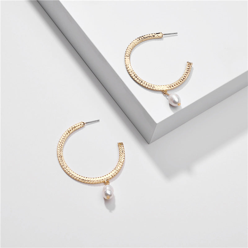 Goldtone Flat Hoop & Freshwater Pearl Earrings