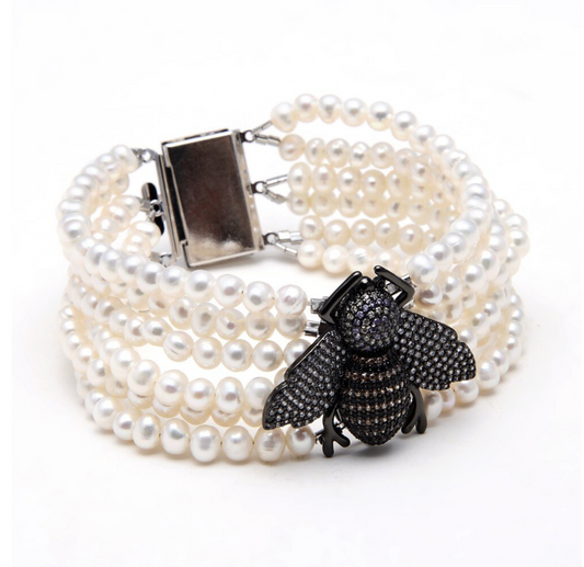 White Freshwater Pearl Multi-strand Bracelet With Black Cubic Zirconia Bee