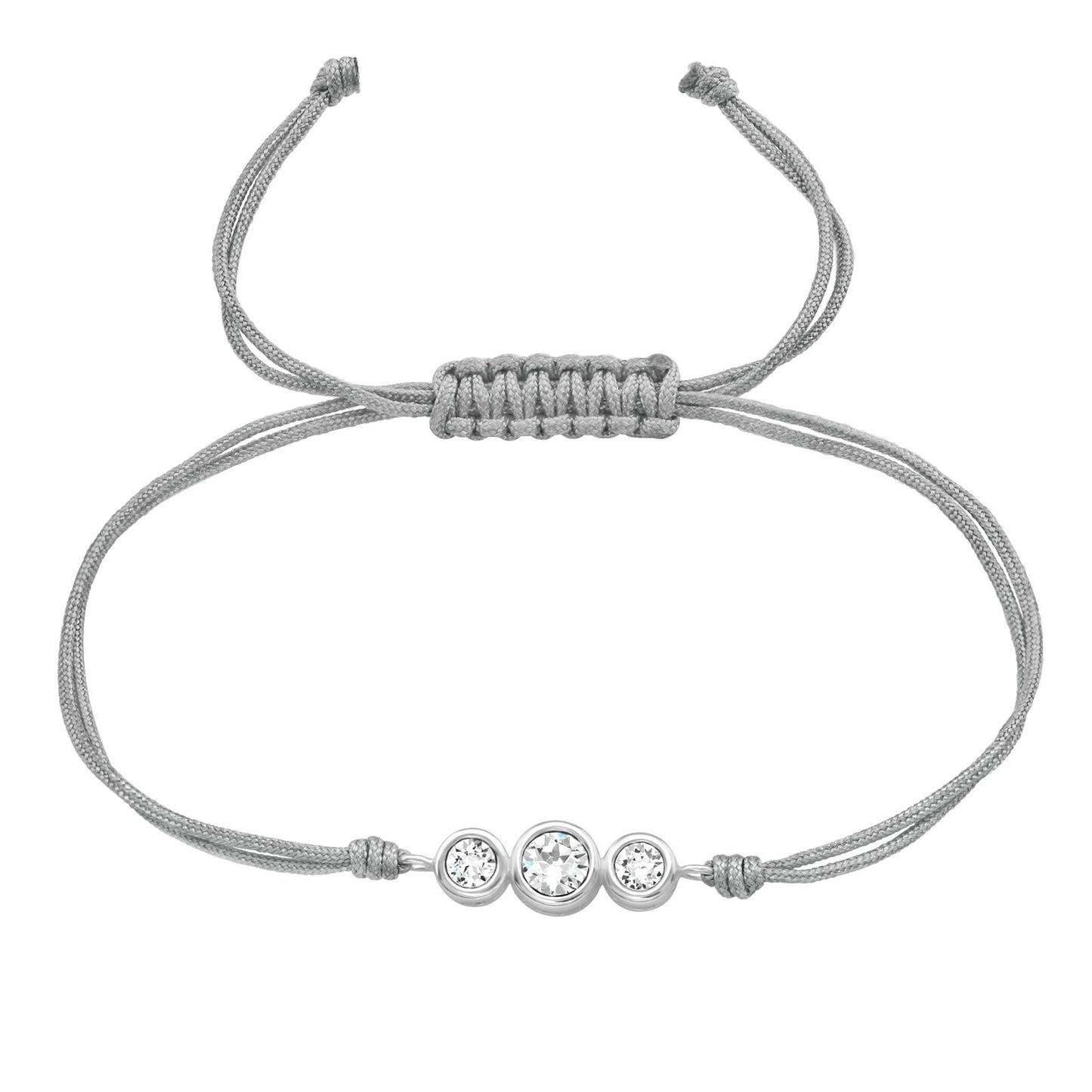 Adjustable sterling silver bracelet with three cubic zirconia accents and a polyester cord.