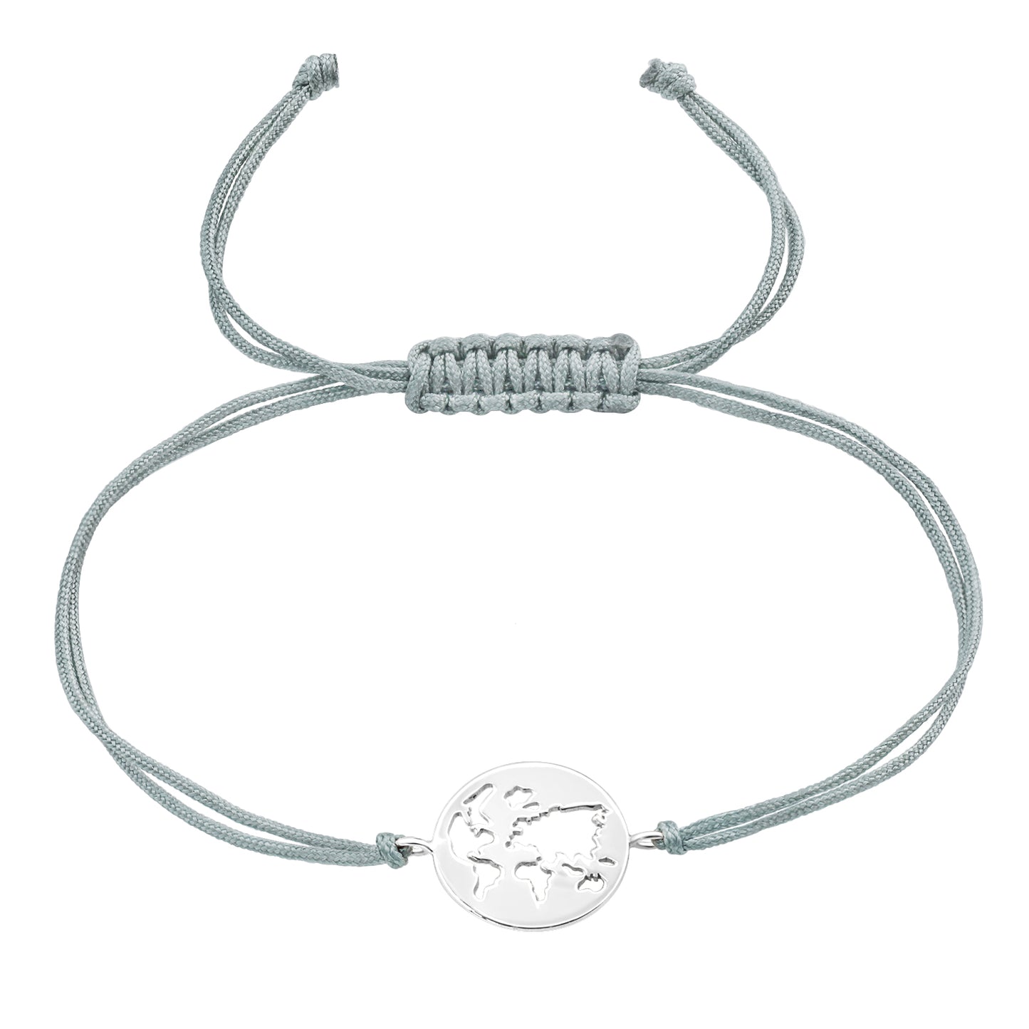 Sterling silver world map cord bracelet with openwork disc and adjustable macramé slider, minimalist travel jewellery.