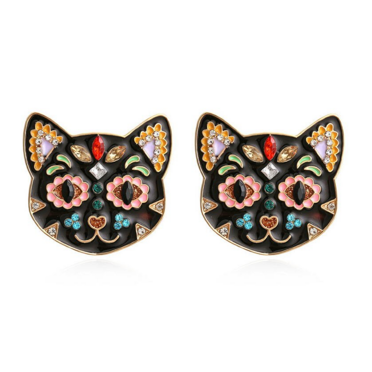 Black cat stud earrings with multicoloured crystal flower details