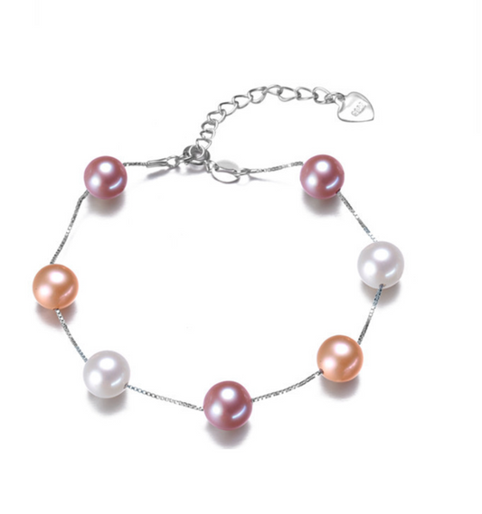 Multi Colored Freshwater Pearl Station Chain Bracelet