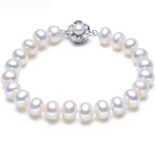White Freshwater Pearl Bracelet With Flower Clasp