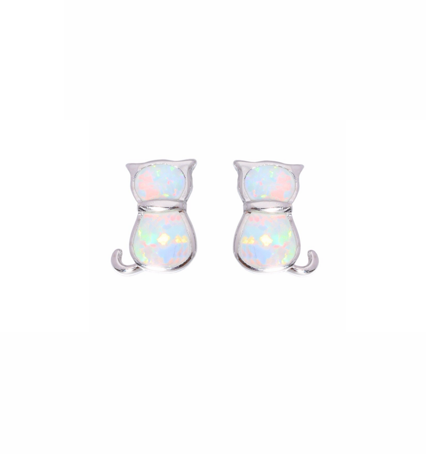 Sterling Silver White Lab Opal Cat Stud Earrings