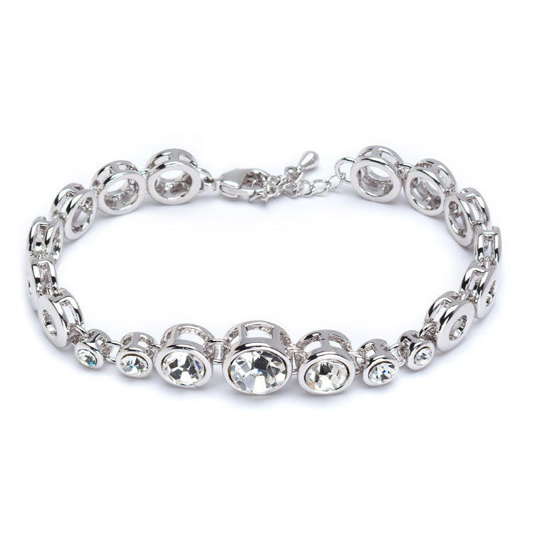 Rhodium plated bracelet with circular links and Swarovski crystals, adjustable chain closure
