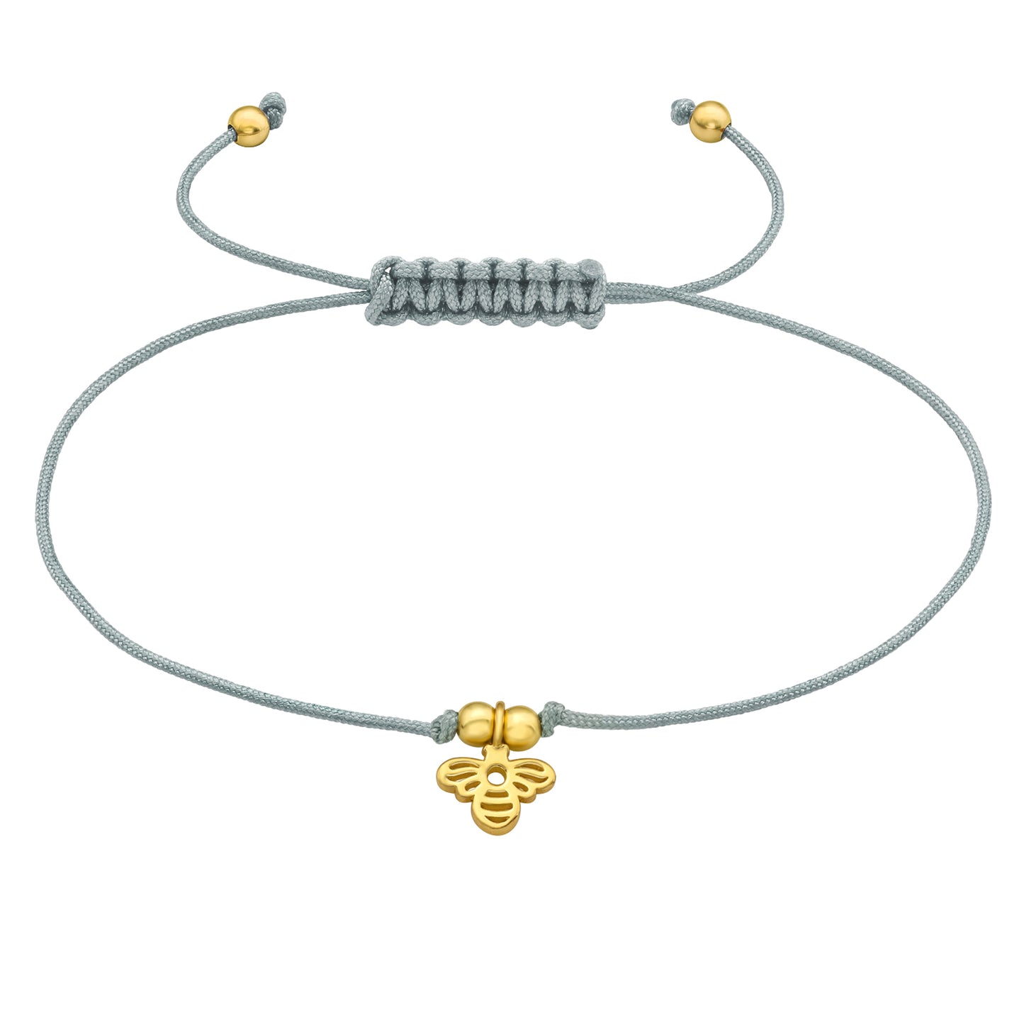 Gold-plated sterling silver bee charm cord bracelet with adjustable macramé slider on soft cord, minimalist women’s jewellery.