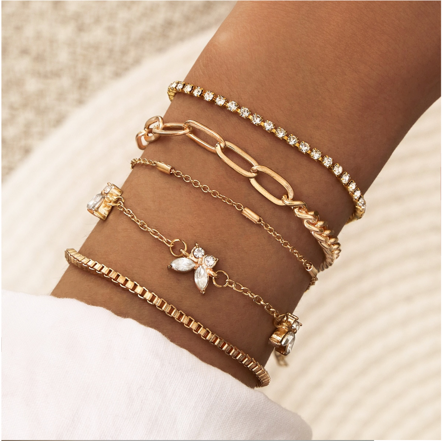 Goldtone Crystal Butterfly Chain Bracelet Set