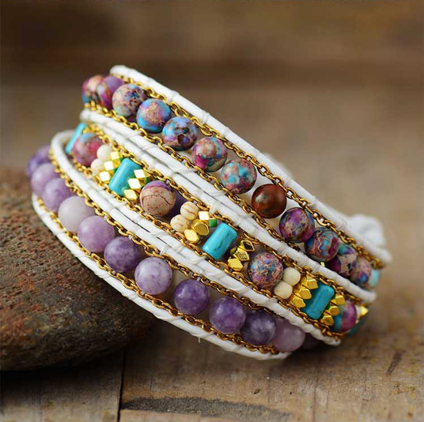 Handmade Bead And Gemstone 3 Row Wrap Bracelet Made With Amethyst And Howlite