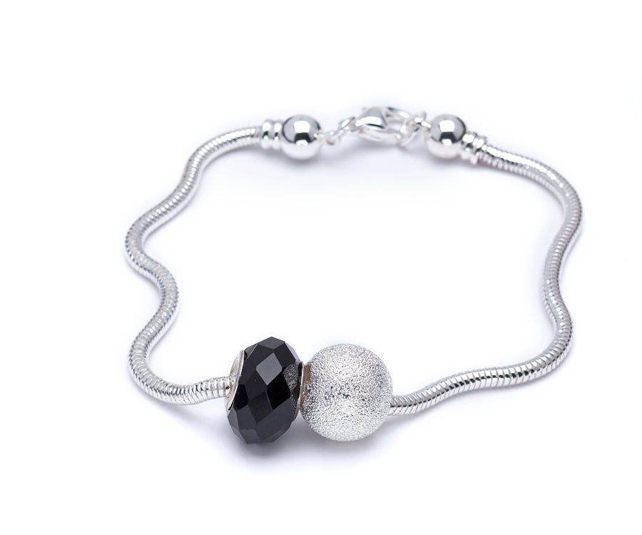 Silver Plated Charm Bracelet With Black Faceted Crystal Charm