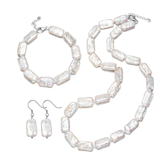 Square Baroque White Freshwater Pearl Necklace, Earring Bracelet Set
