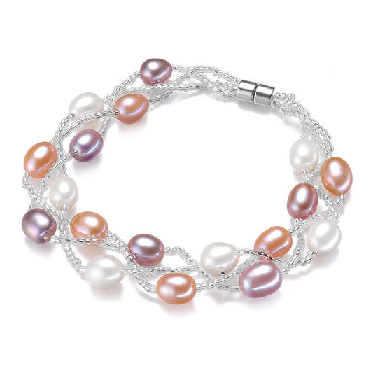 Sterling Silver Multi Colored Freshwater Pearl Multi-strand Bracelet