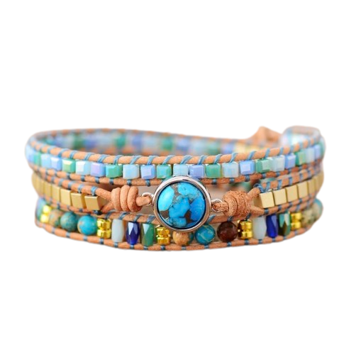 Blue Gold Turquoise Gemstone Beaded Wrap Bracelet