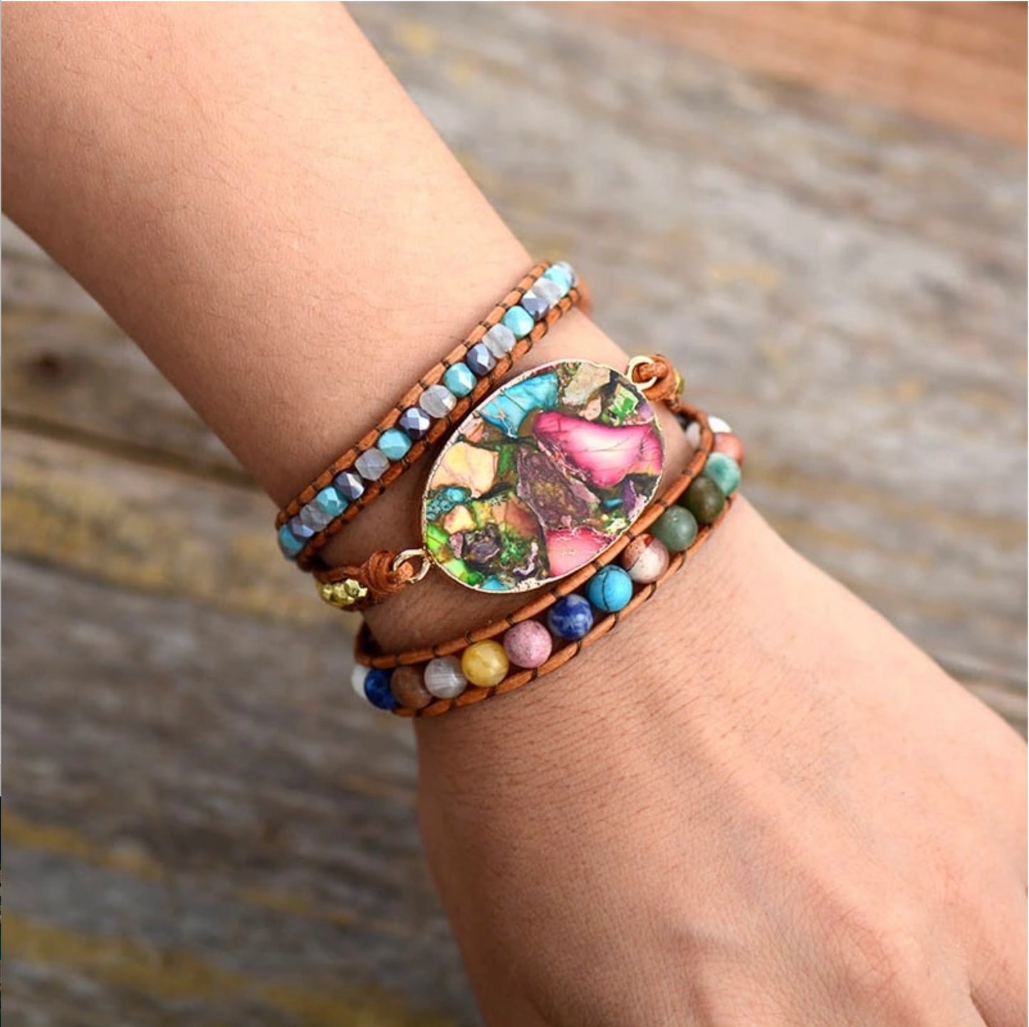 Multicoloured Marbled Jasper Gemstone Oval Beaded Wrap Bracelet