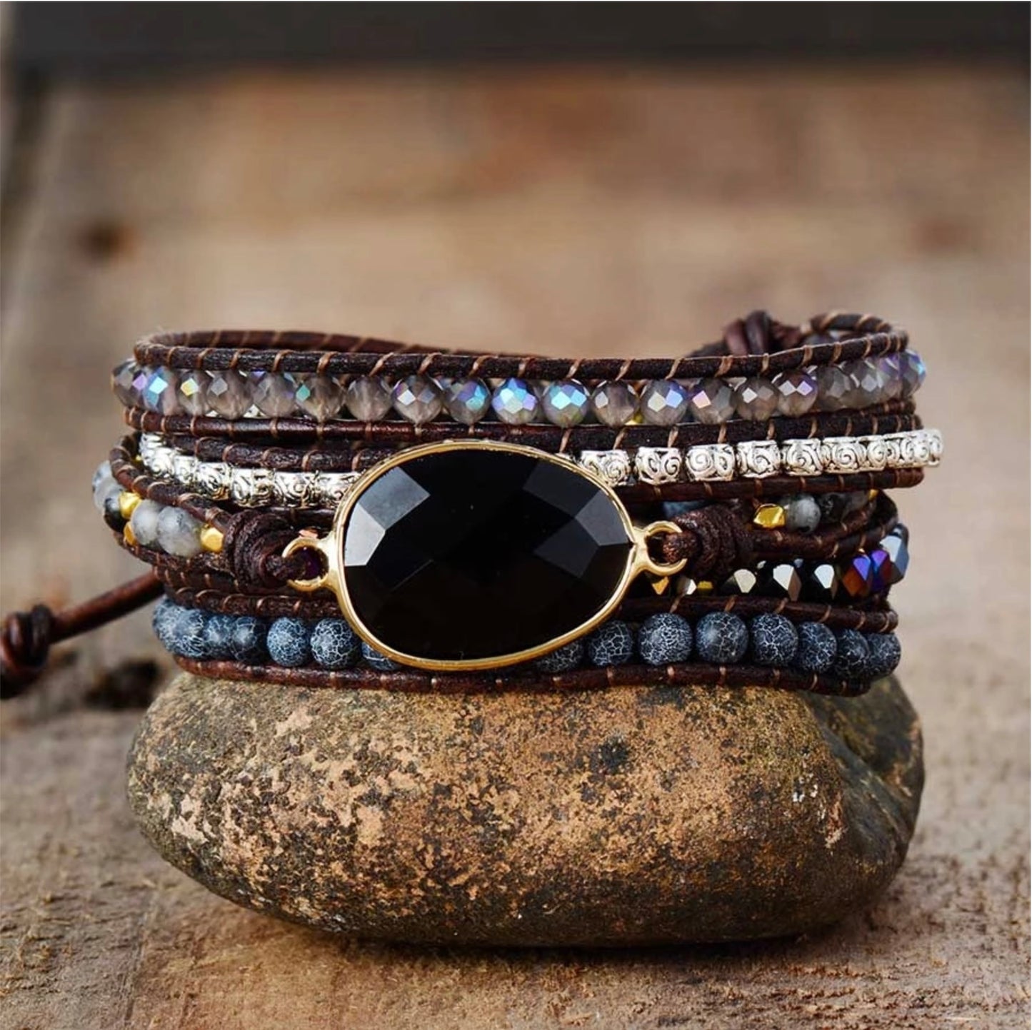 Black Onyx Beaded Leather Wrap Bracelet