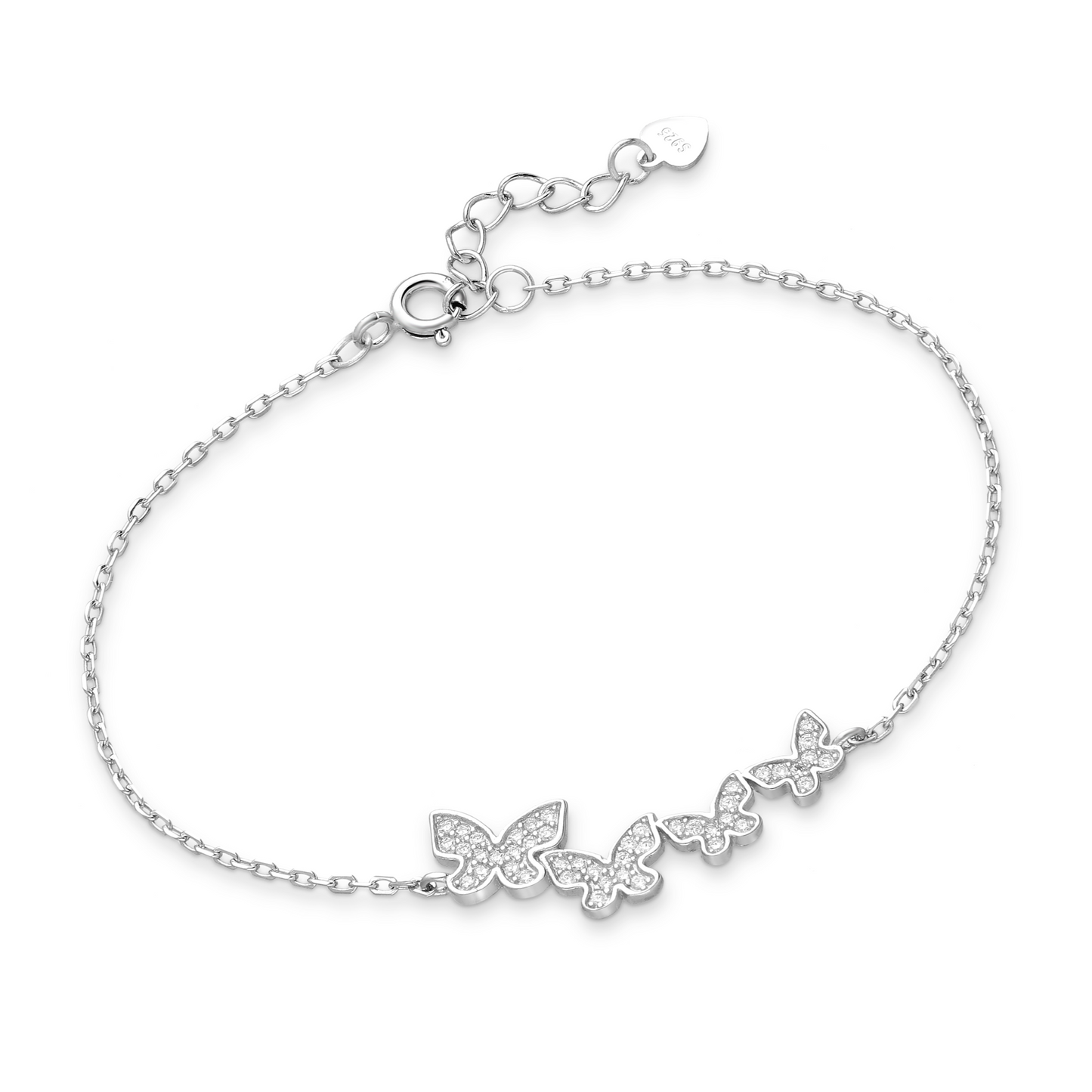Rhodium-plated sterling silver bracelet with five pavé CZ butterfly charms on an adjustable chain, delicate women’s jewellery.