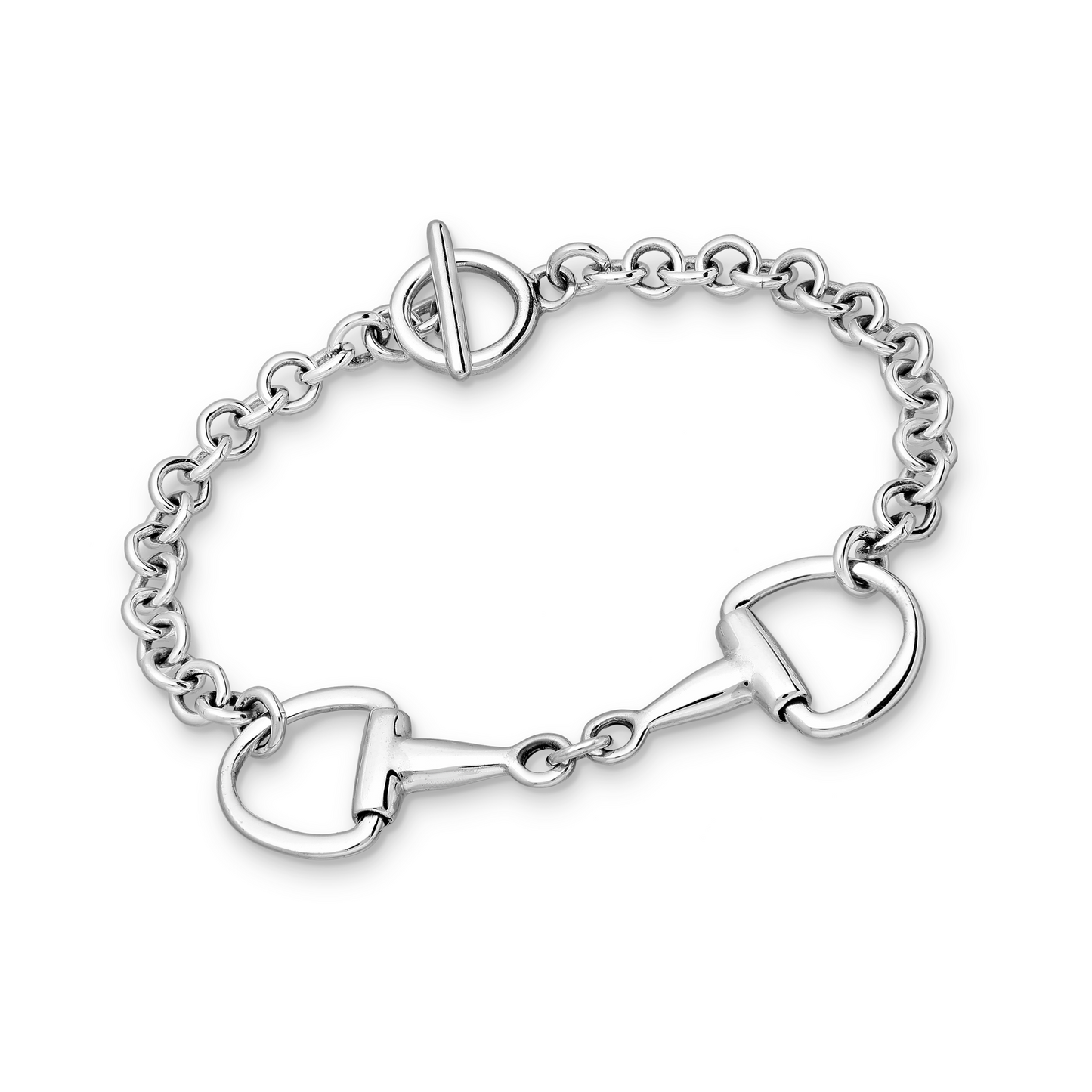 Sterling silver horse snaffle toggle bracelet with polished rolo chain, classic equestrian jewellery.