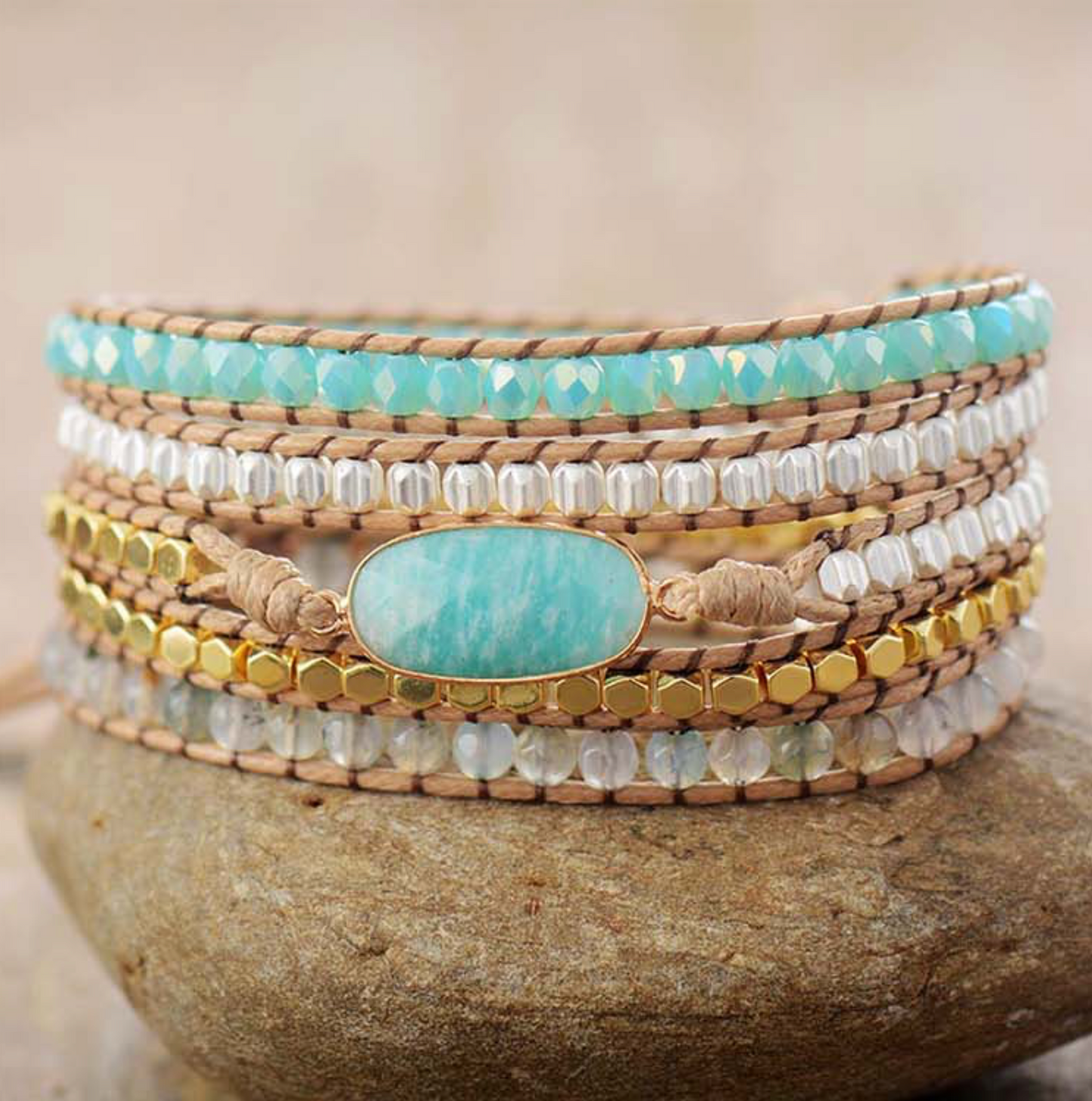 Blue Goldtone Amazonite Agate Beaded Wrap Bracelet