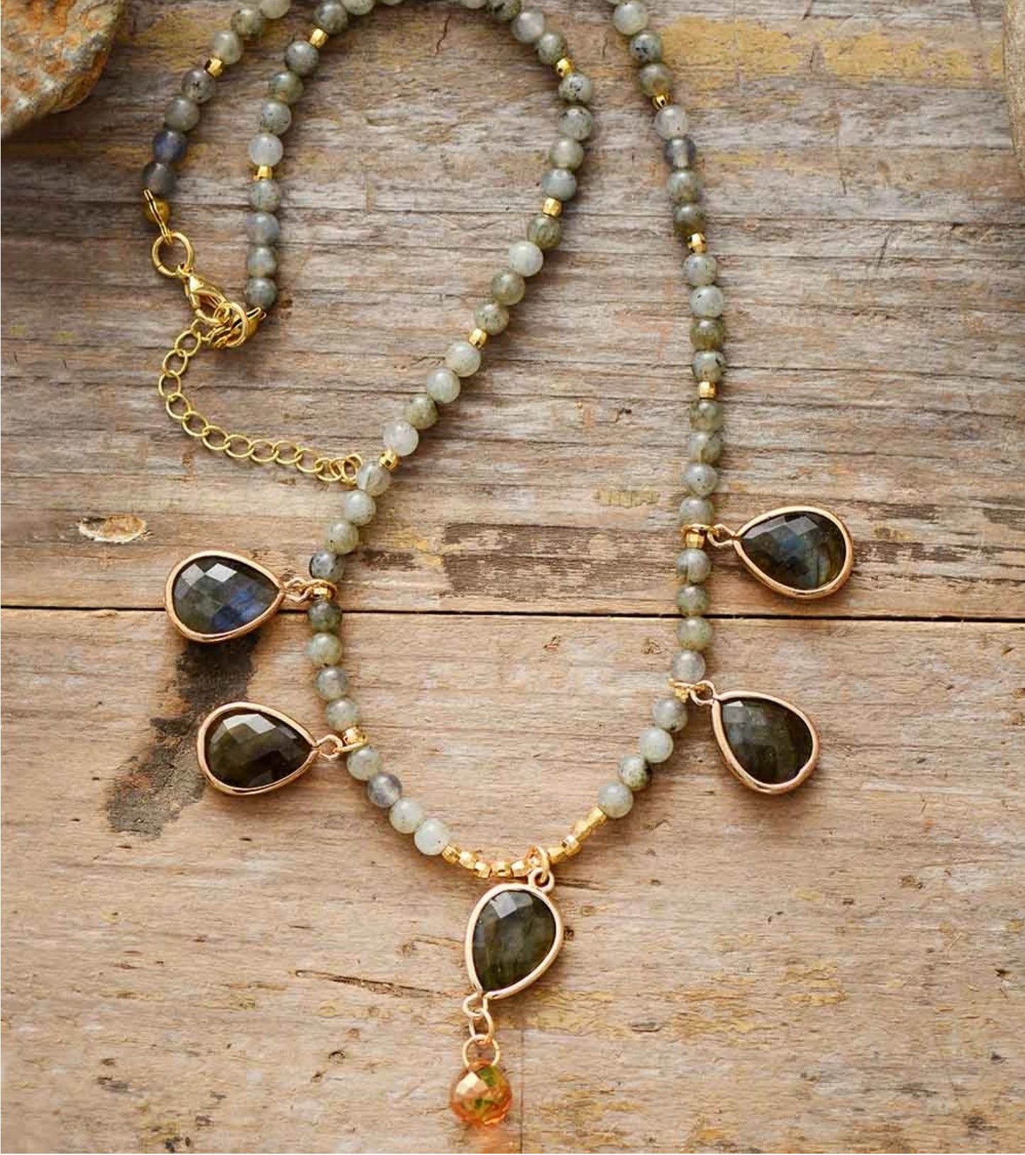 Labradorite Beaded Teardrop Natural Stone Necklace