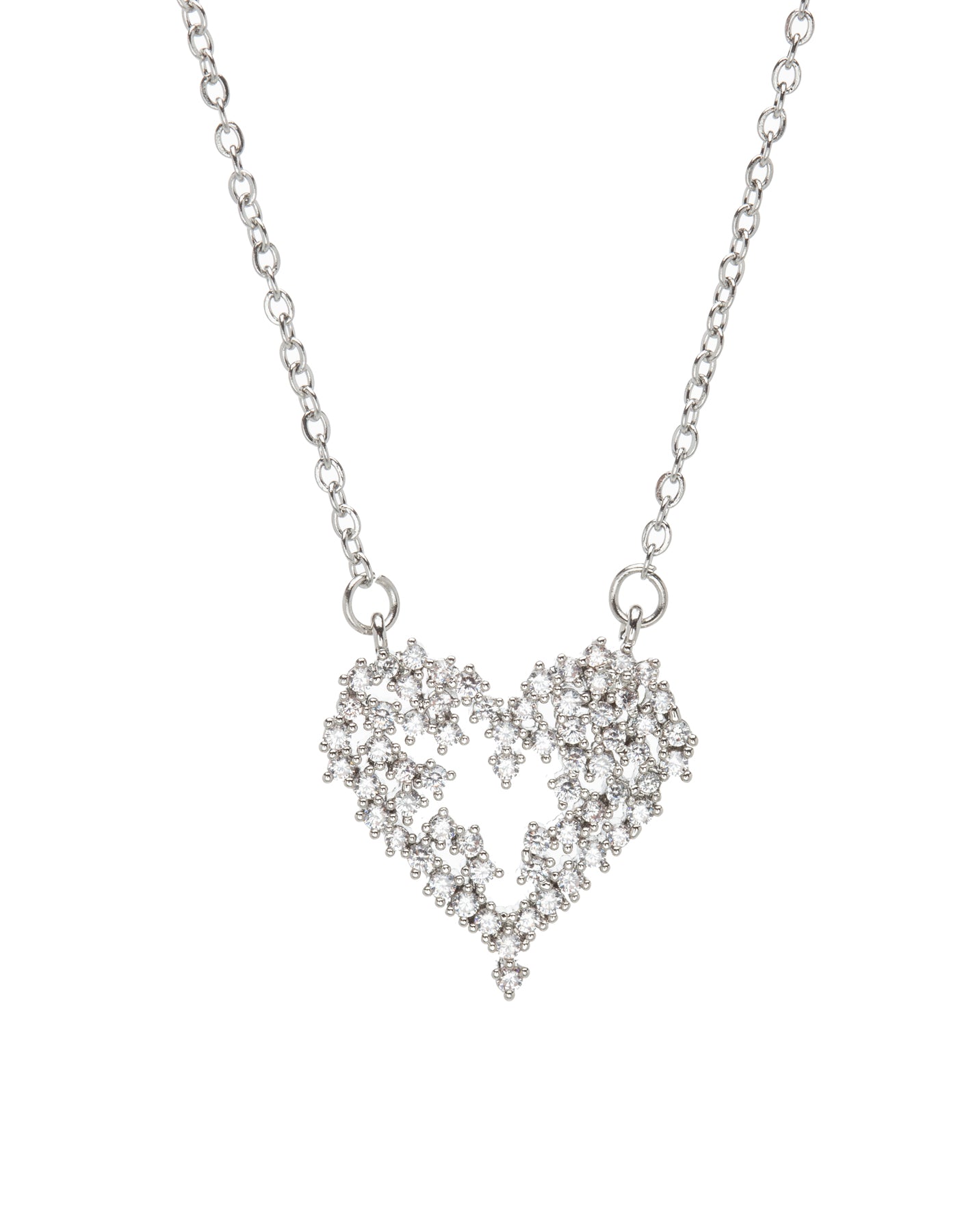 Silvertone Cubic Zirconia Clustered Heart Pendant Necklace