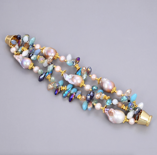 Statement Keshi Freshwater Pearl Crystal Layered Bracelet