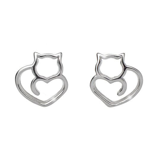 Sterling Silver Open Heart Cat Stud Earrings