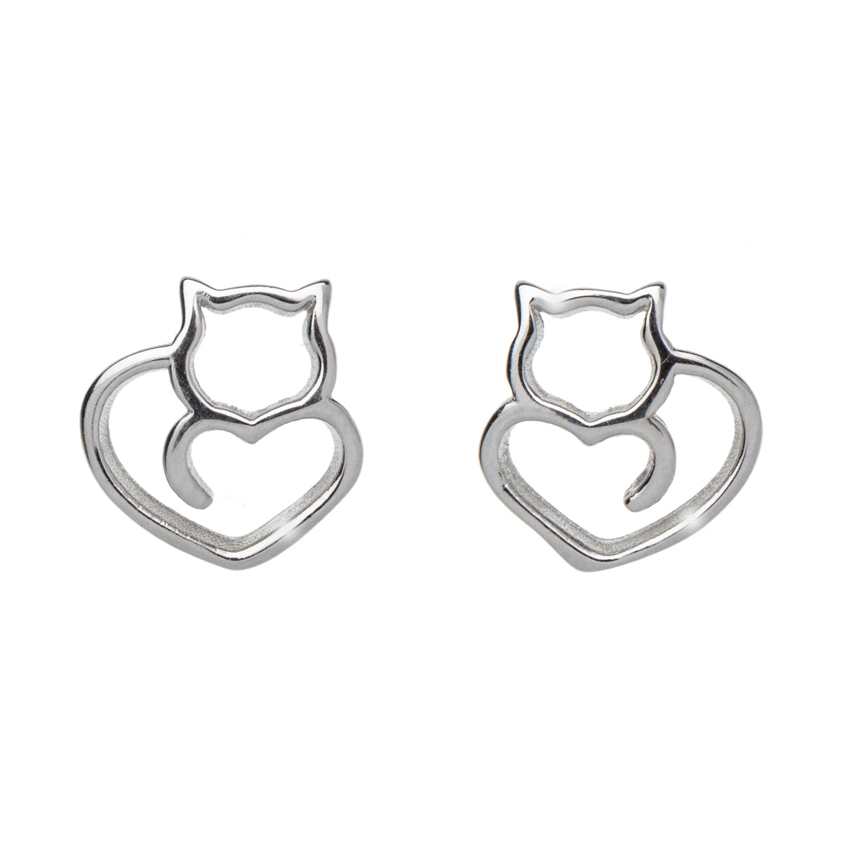 Sterling Silver Open Heart Cat Stud Earrings