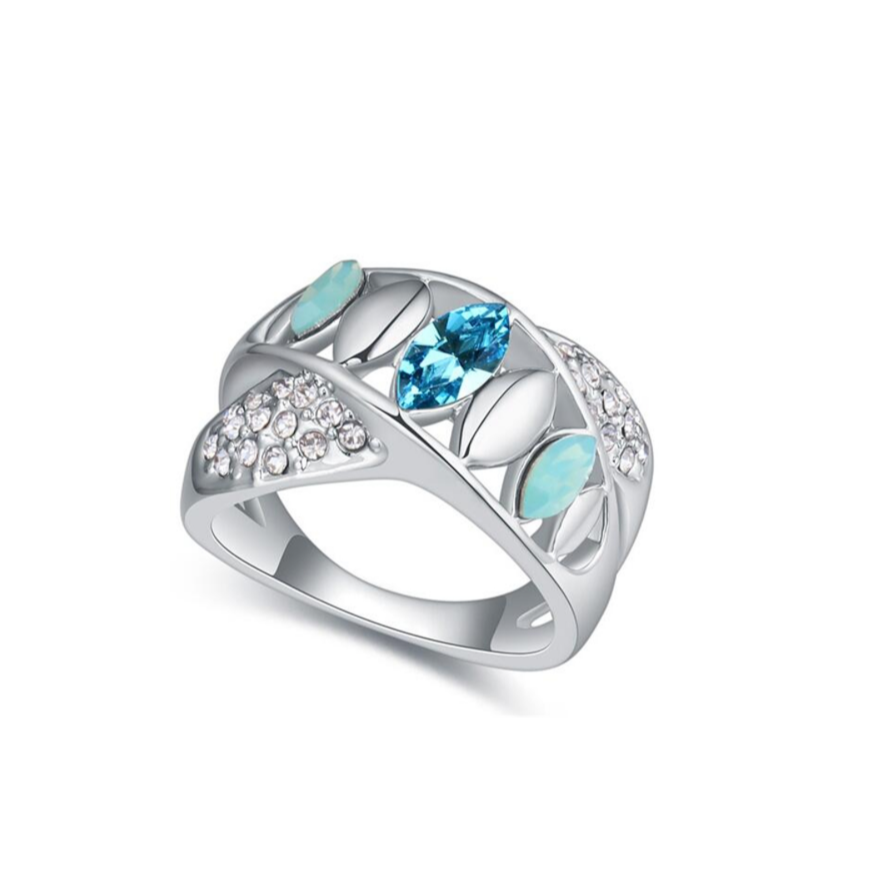 A silvertone aqua clear Swarovski crystal crisscross ring with multiple bands and blue crystals.