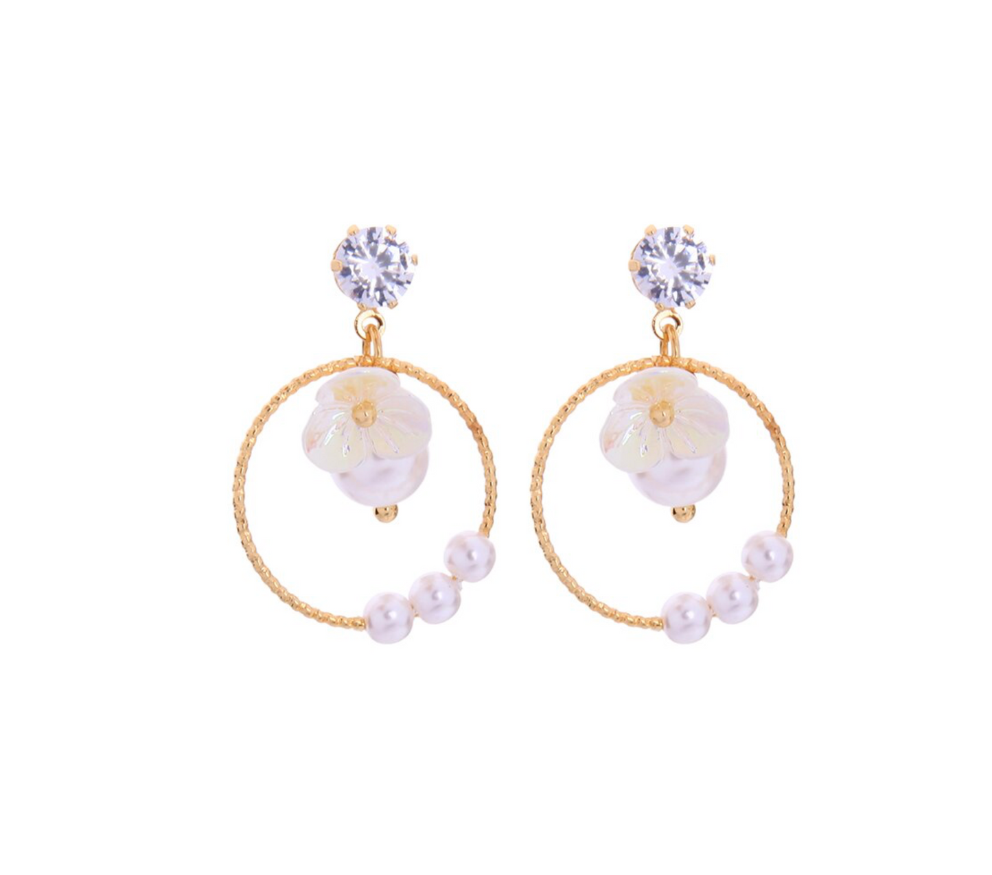 Gold & Faux Pearl White Flower Circular Earrings