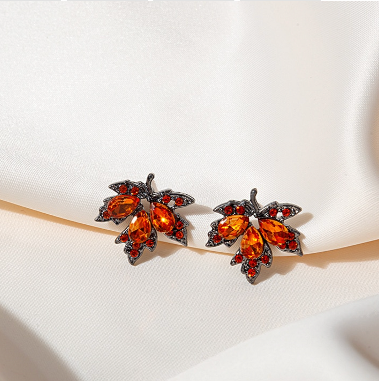 Orange Crystal Maple Leaf Stud Earrings