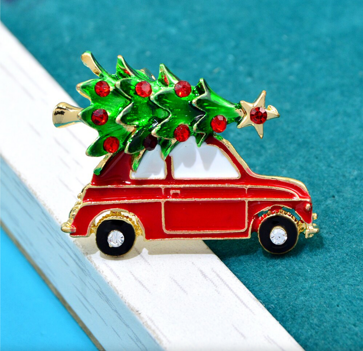 Red Car Christmas Tree Brooch