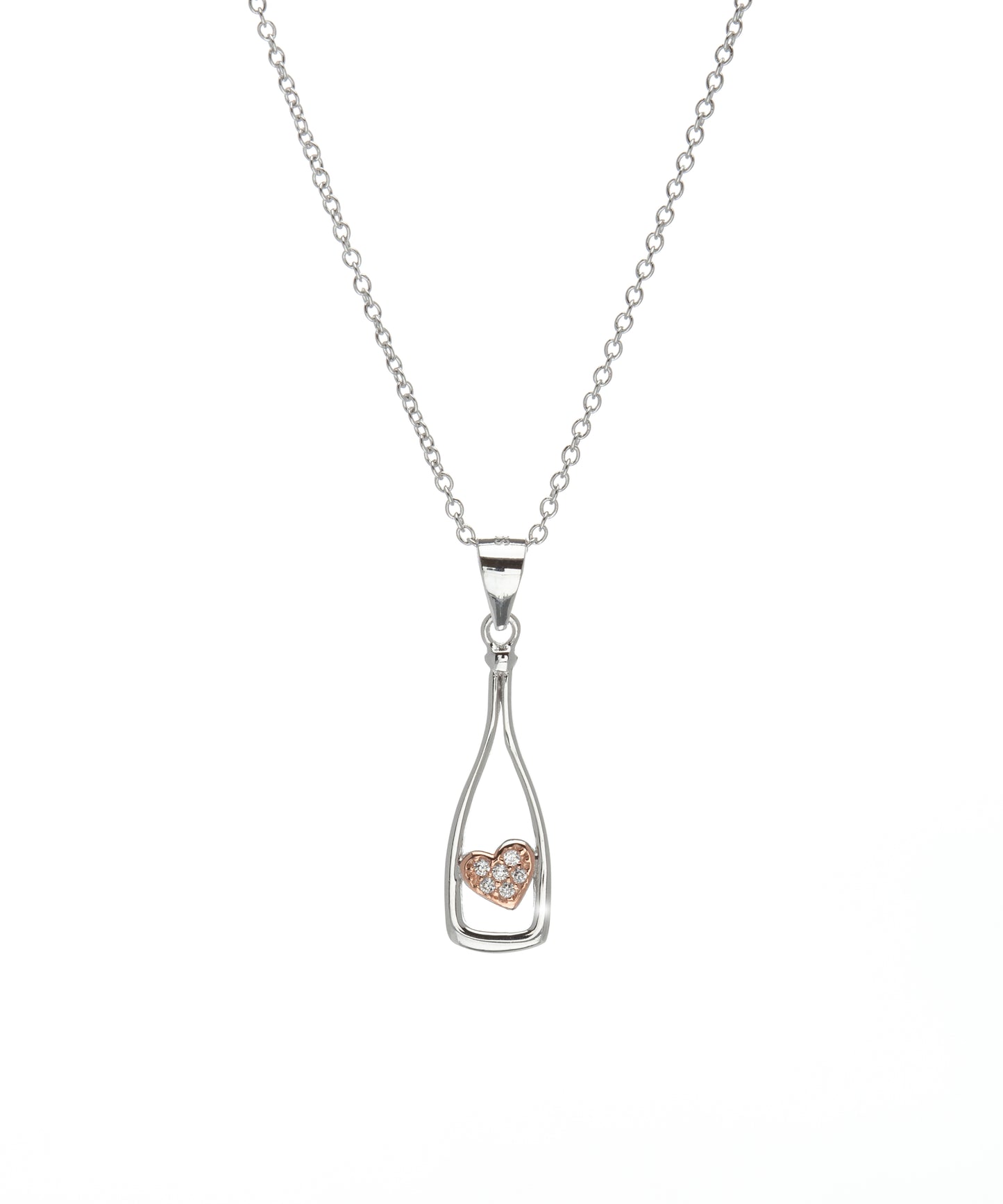 Sterling Silver Rose Goldtone Cubic Zirconia Heart In Bottle Pendant Necklace