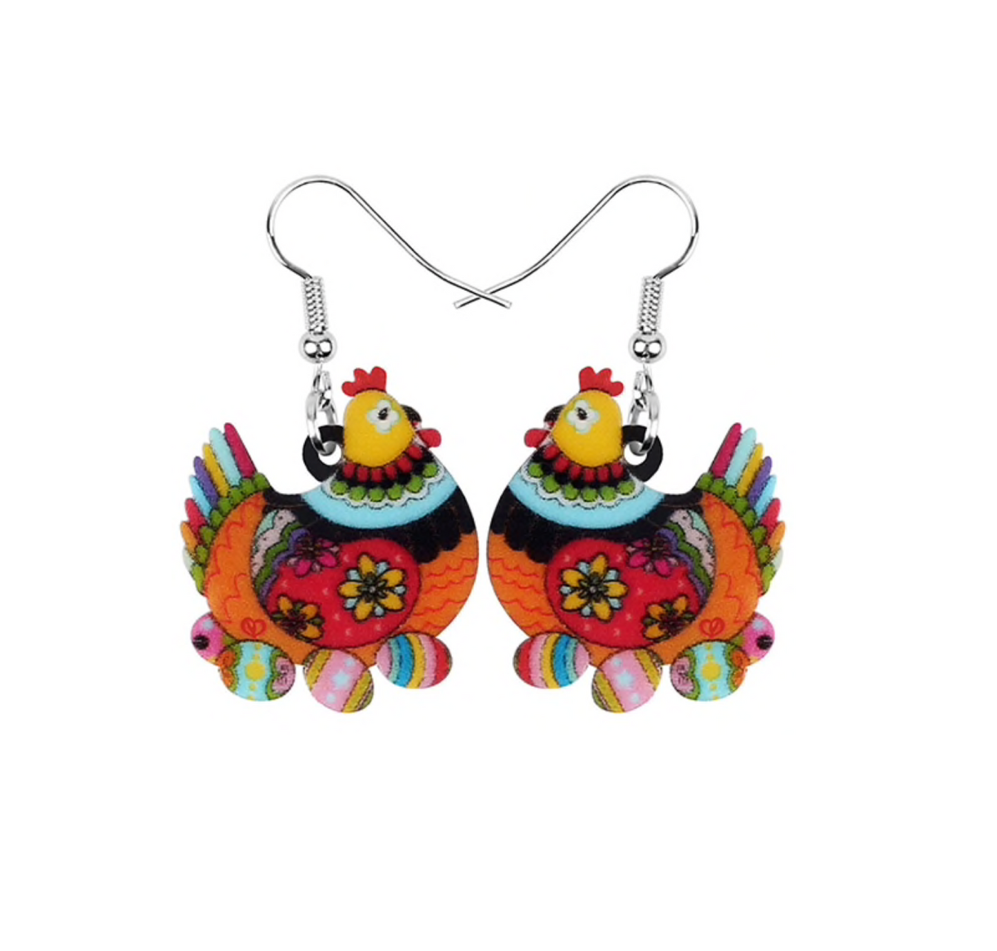 Multi Colored Mosaic Hen Easter Egg Drop Earrings