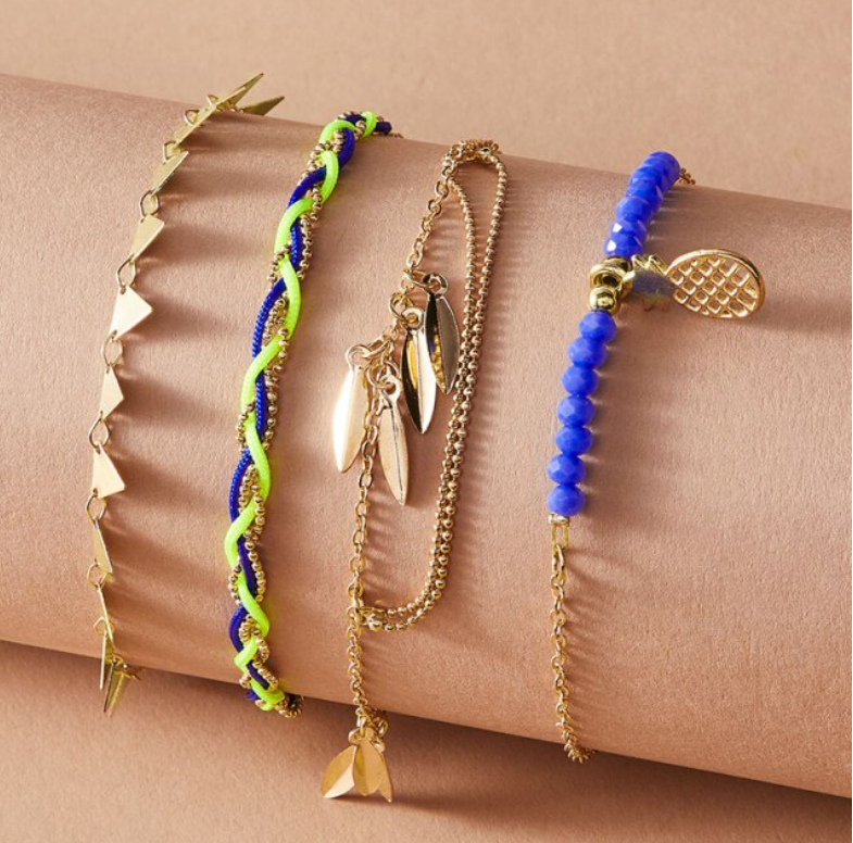 Goldtone, Blue Green Set Of 4 Anklets