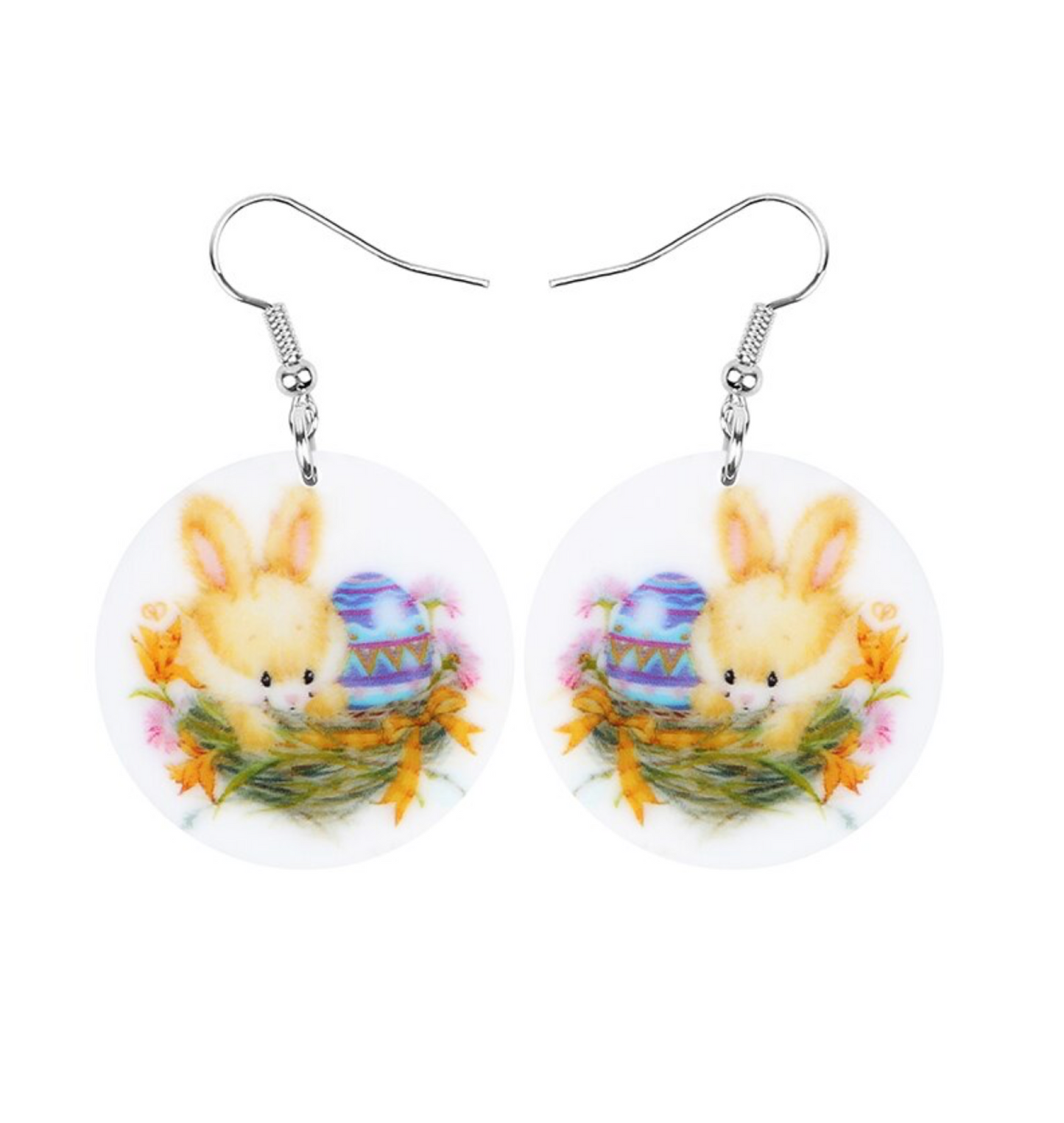 Round Cartoon Bunny Easter Egg Drop Earrings